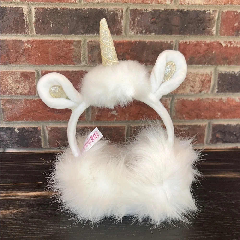 Justice For Girls Plush Unicorn Pompom Earmuffs white and gold NWOT